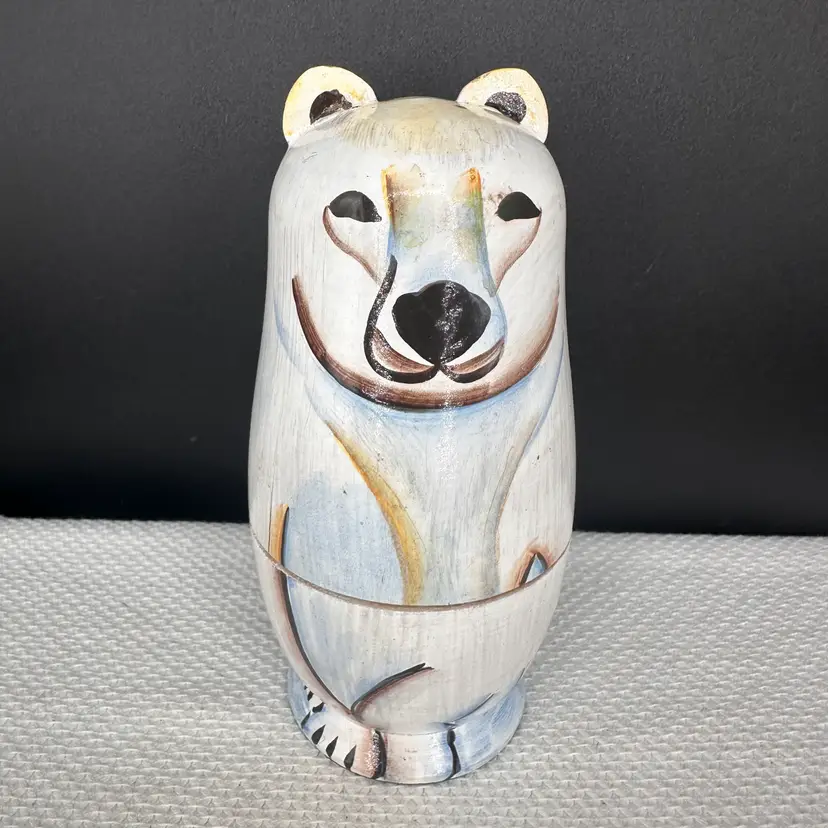 Vintage Hand-Painted Arctic Wildlife Wooden Nesting Doll Set.