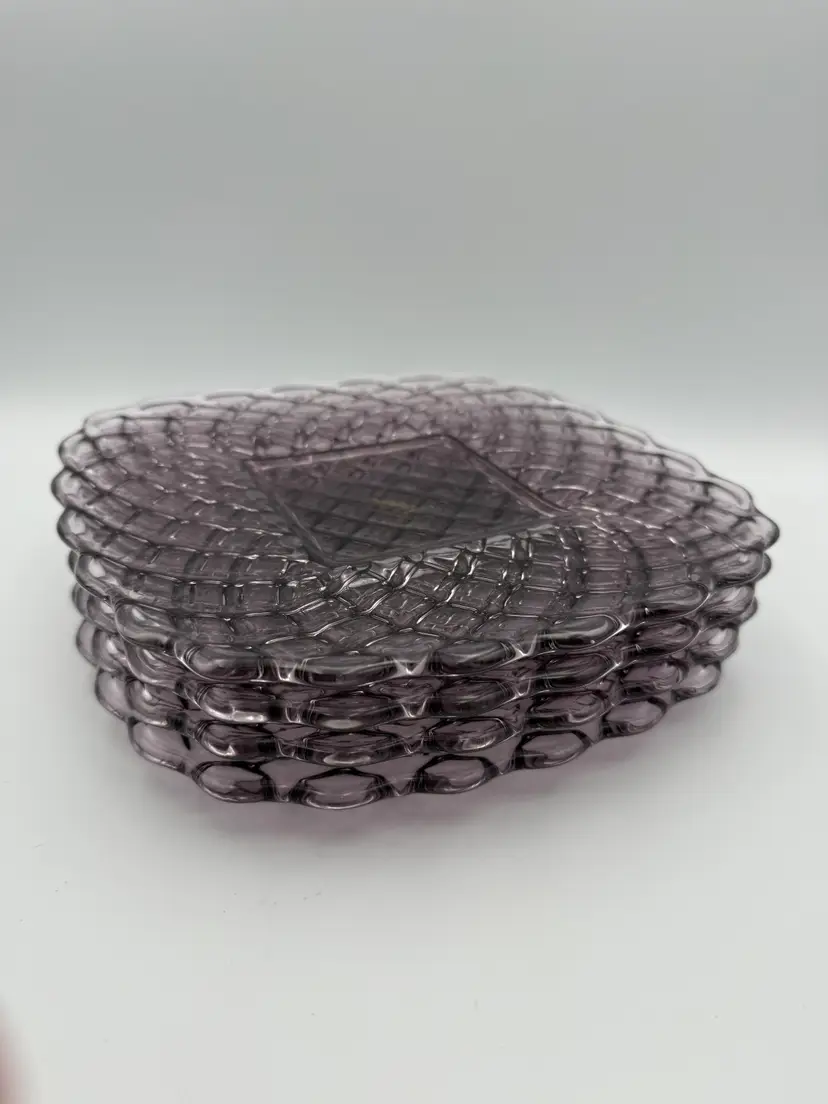 Set 4 Vintage L E Smith Glass Trellis Cake Plates Lavender Purple Lattice Basket
