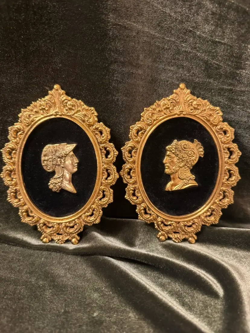 Vintage Solid Brass Cameo Wall Plaques, Set of 2, Black Velvet & Ornate Gold Frames, Mid Century Hollywood Regency Neoclassical Decor