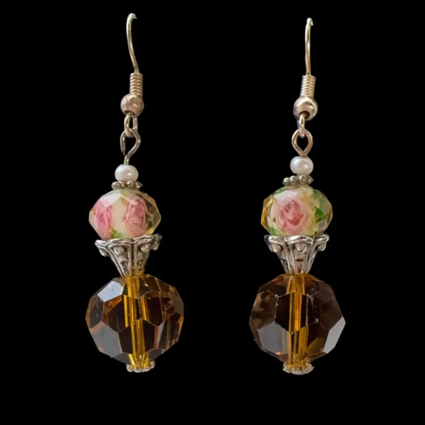 Artisan Made Amber And Floral Glass Earrings 2”