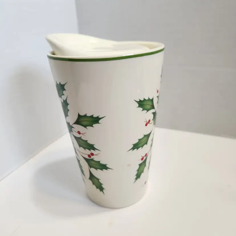 Lenox Holiday Holly Berry Ceramic Travel Mug with Lid Festive Christmas Design