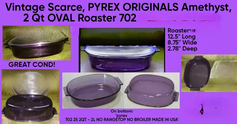 Vintage PYREX Purple AMETHYST #702 2 Qt Oval Baking Casserole Dish