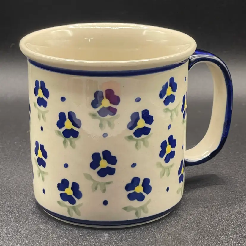 Polish Pottery Blue Pansies Coffee Mug