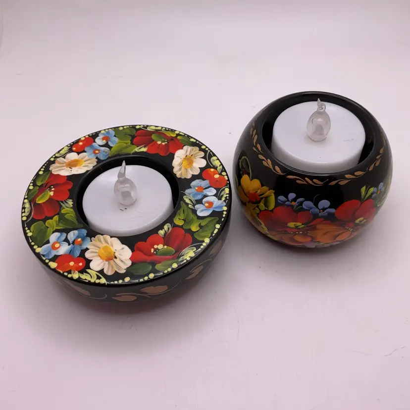 POW4 Hand Painted Wood Candle Holders or Paperweight