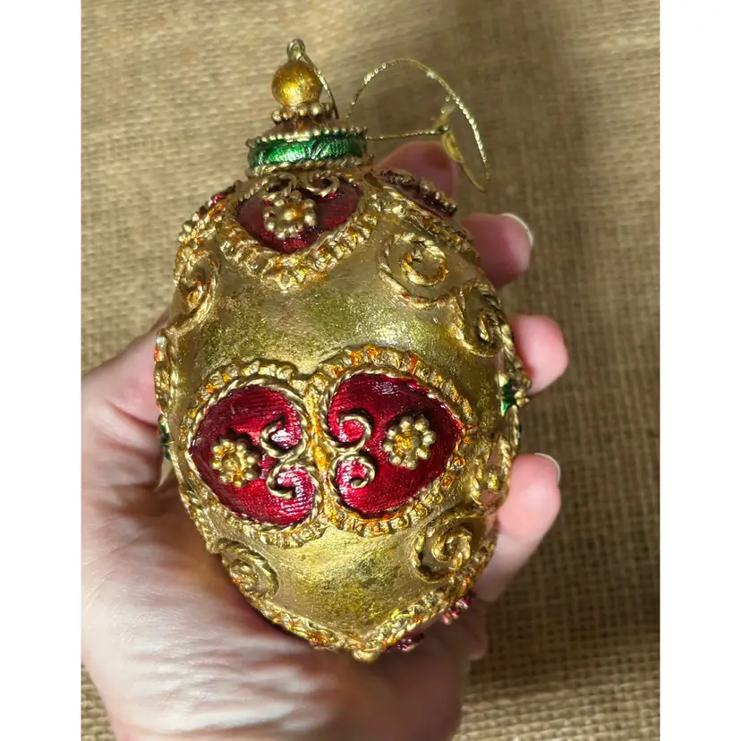 Ornate Golden Hand Painted Egg Shaped Ornament Floral Red Hearts Jeweled Style