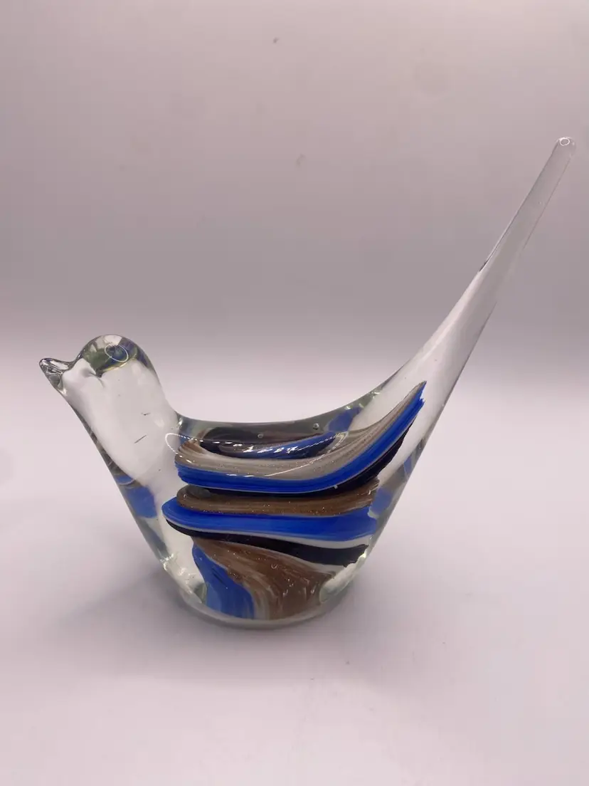 MCM Murano Style Art Glass Bird – Blue & Gold Aventurine Swirl