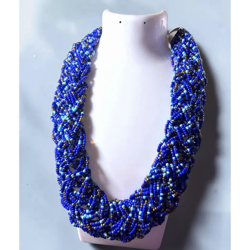 Blue Seed Bead Braided Multi-Strand Necklace 16” x 1” Wide