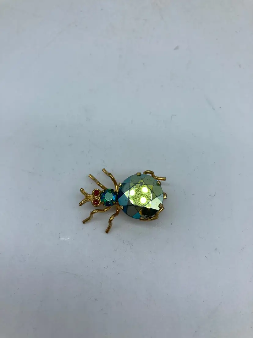 Vintage Brass and Iridescent Glass Cabochon Bug Pin Insect Jelly Belly Brooch