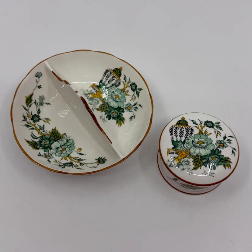 2 Vintage Kowloon Crown Staffordshire Pieces-trinket Box & Ring Dish