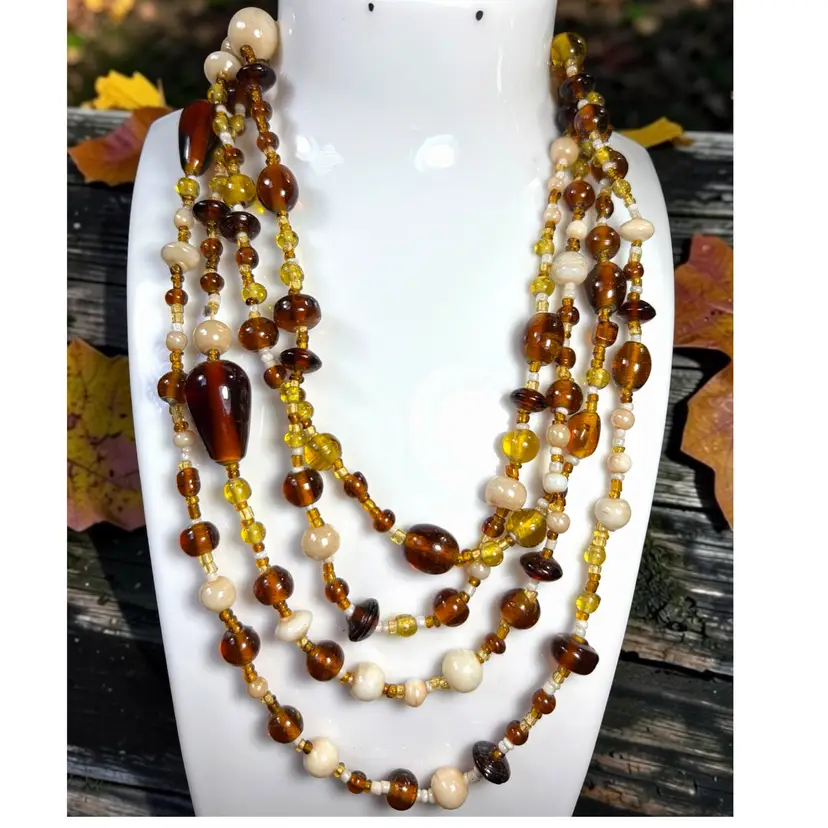 60” Flapper Length Fall Color - Amber Topaz Yellow Cream Glass Bead Necklace - No Closure - VGVC