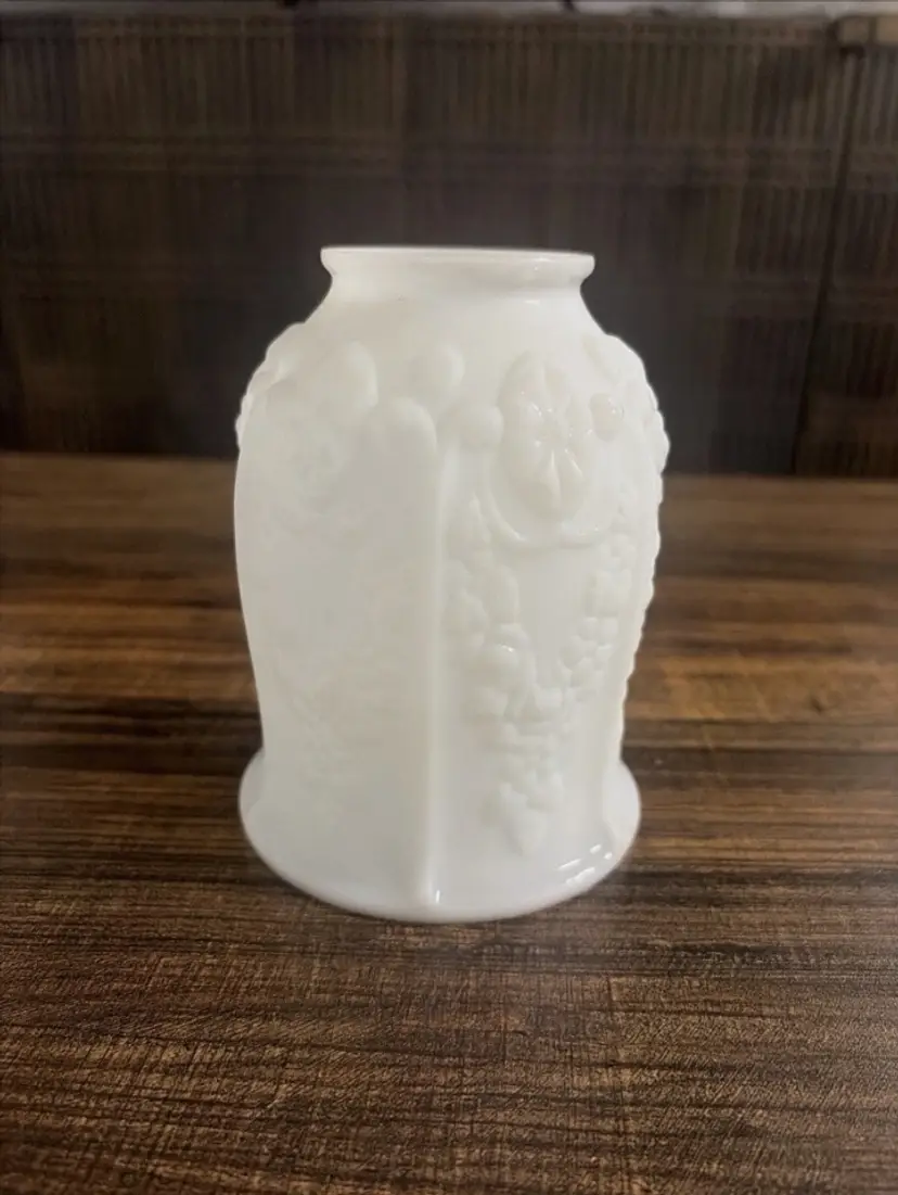 Vintage White Milk Glass Pendant Lamp Shade Embossed Floral 2 1/8” Fitter