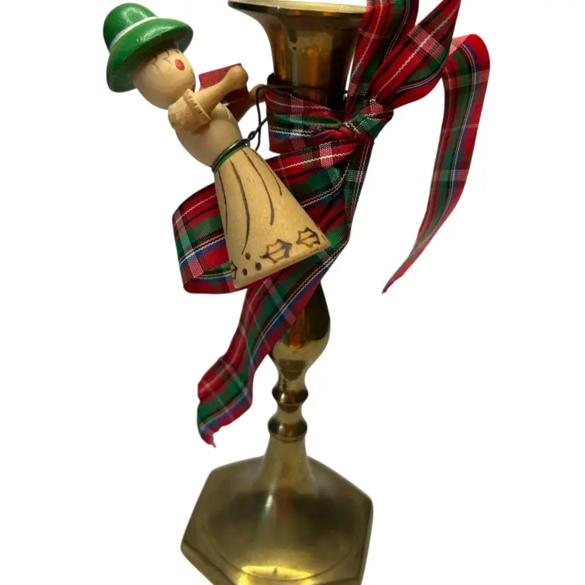 7” Brass Candlestick With Christmas Wooden Ornament And Ribbon Some Wear Some Candle Residue