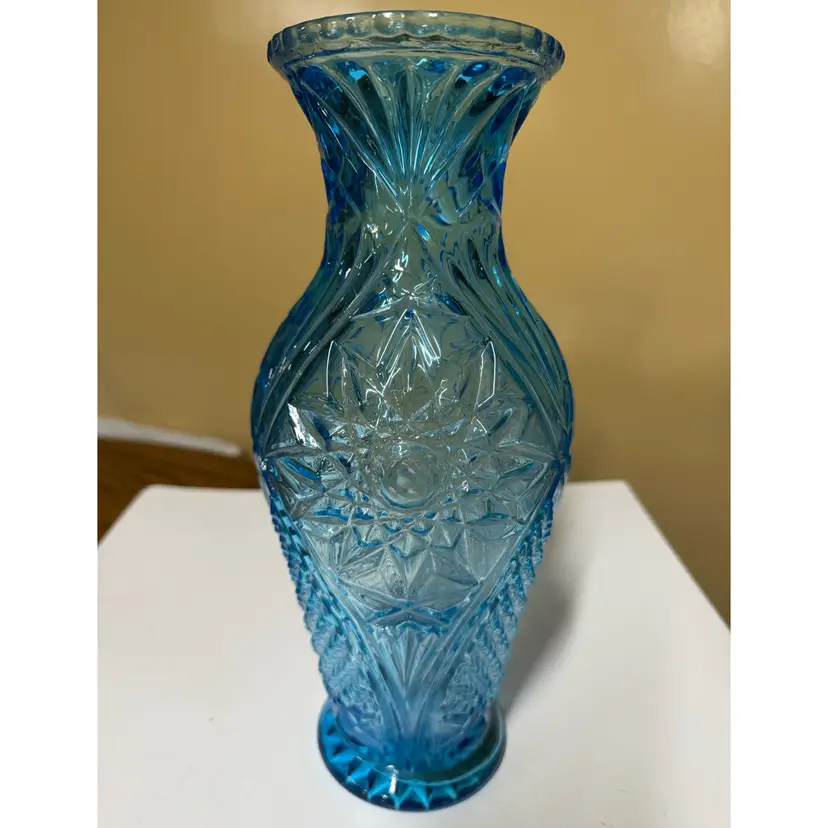 Czech Blue Pressed Glass Vase 11.5” tall