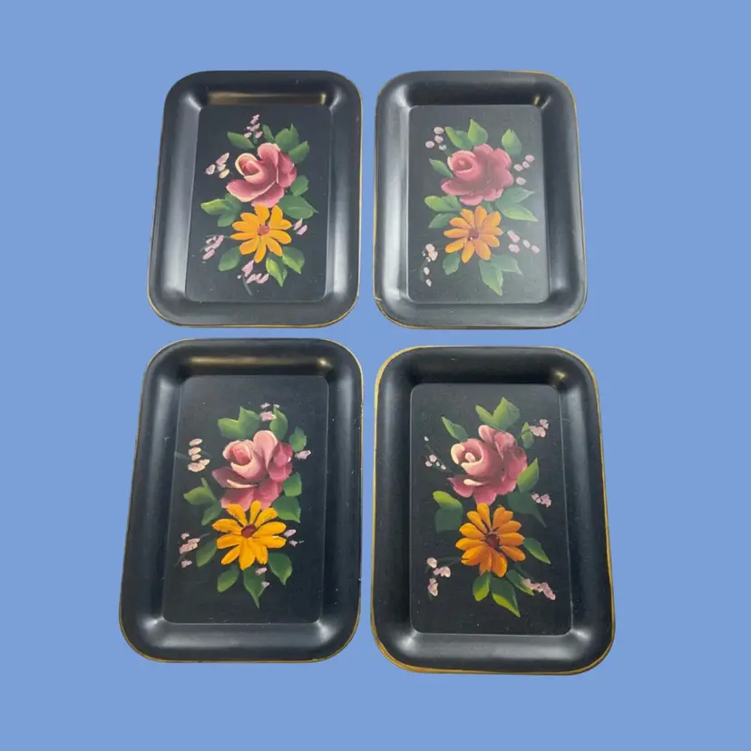 #190- Snack Tea Tray Hand Painted Tole 
Flower Motif Metal  Multiple 4pc Sets