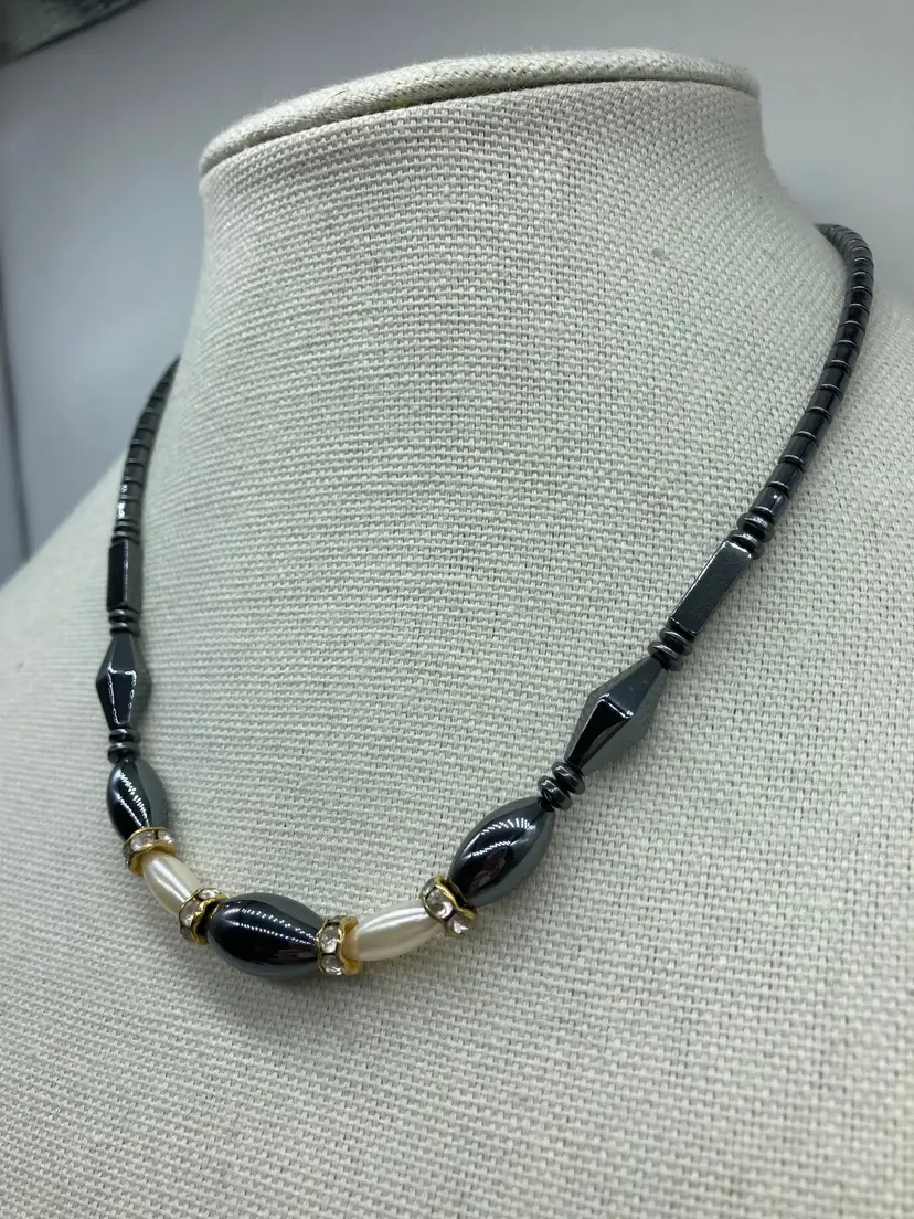 vintage hematite beaded necklace, white faux pearls, and gold-tone rhinestone accents
