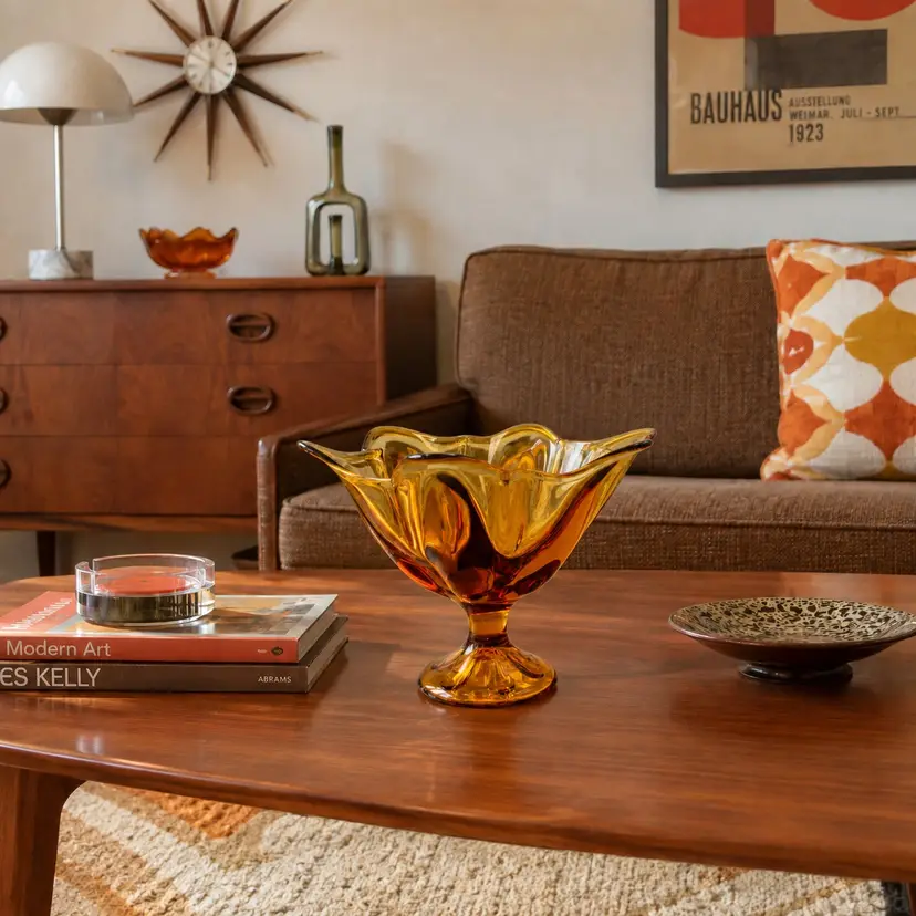 Vintage Amber Viking Glass Pedestal Bowl - Epic Line