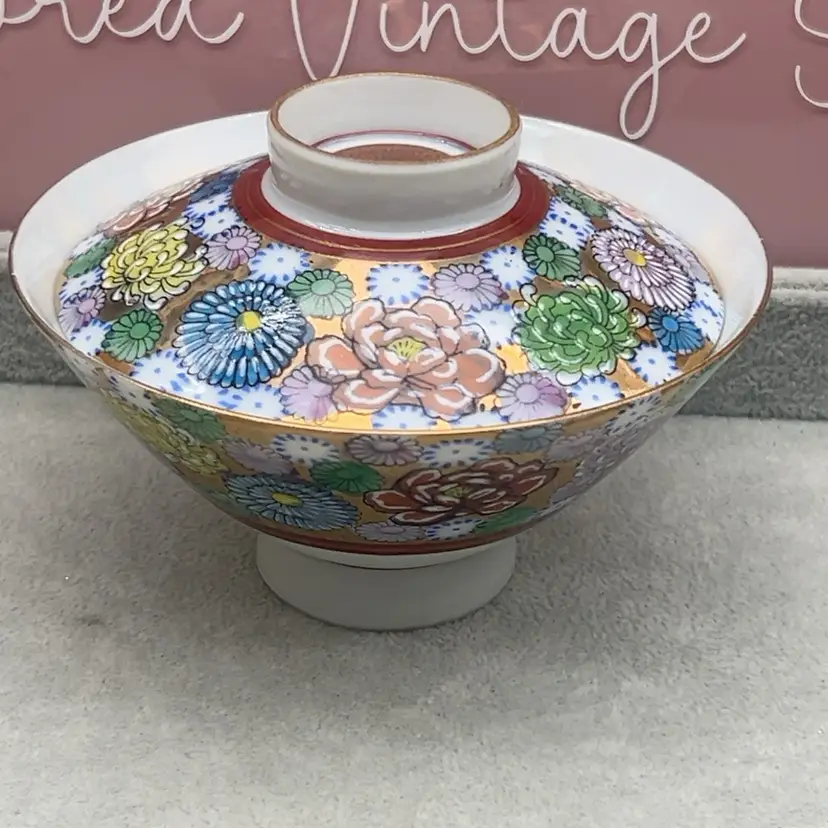 #01 Vintage Japanese Kutani-Style Covered Bowl Multicolor Flowers Gold Porcelain Chip On Lid
