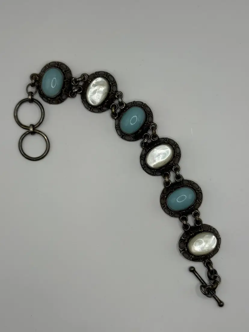 Vintage Sterling Silver 925 Bracelet With Blue & White Stone Cabochons 7.75" Adjustable Toggle Clasp Intricate Design