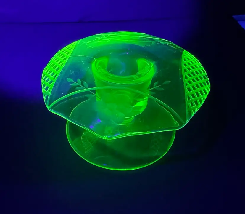 Green Depression Vaseline Etched Candlestick Holder "Flowers and Lattice” Glows