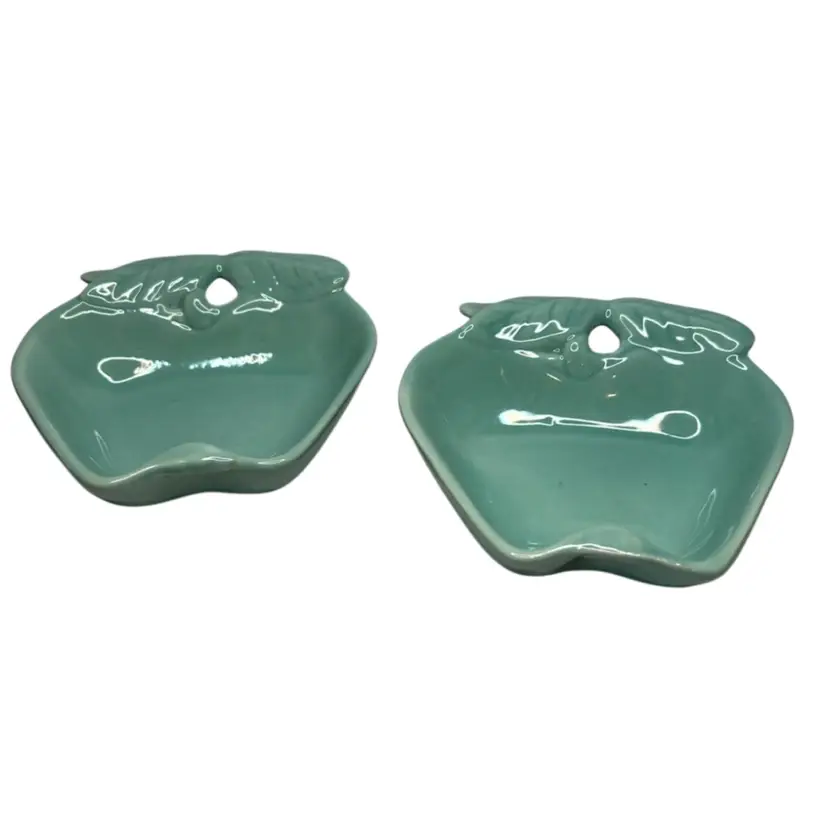 Set Of 2 MCM Turquoise Apple Shaped Ceramic Bowls Pattern 734 @6x5 1/2