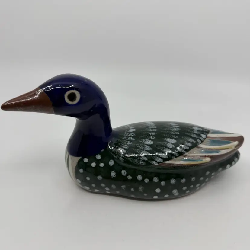 Vintage Mexican Pottery Folk Art Ceramic Duck Green Blue Brown 7.5” Long Signed