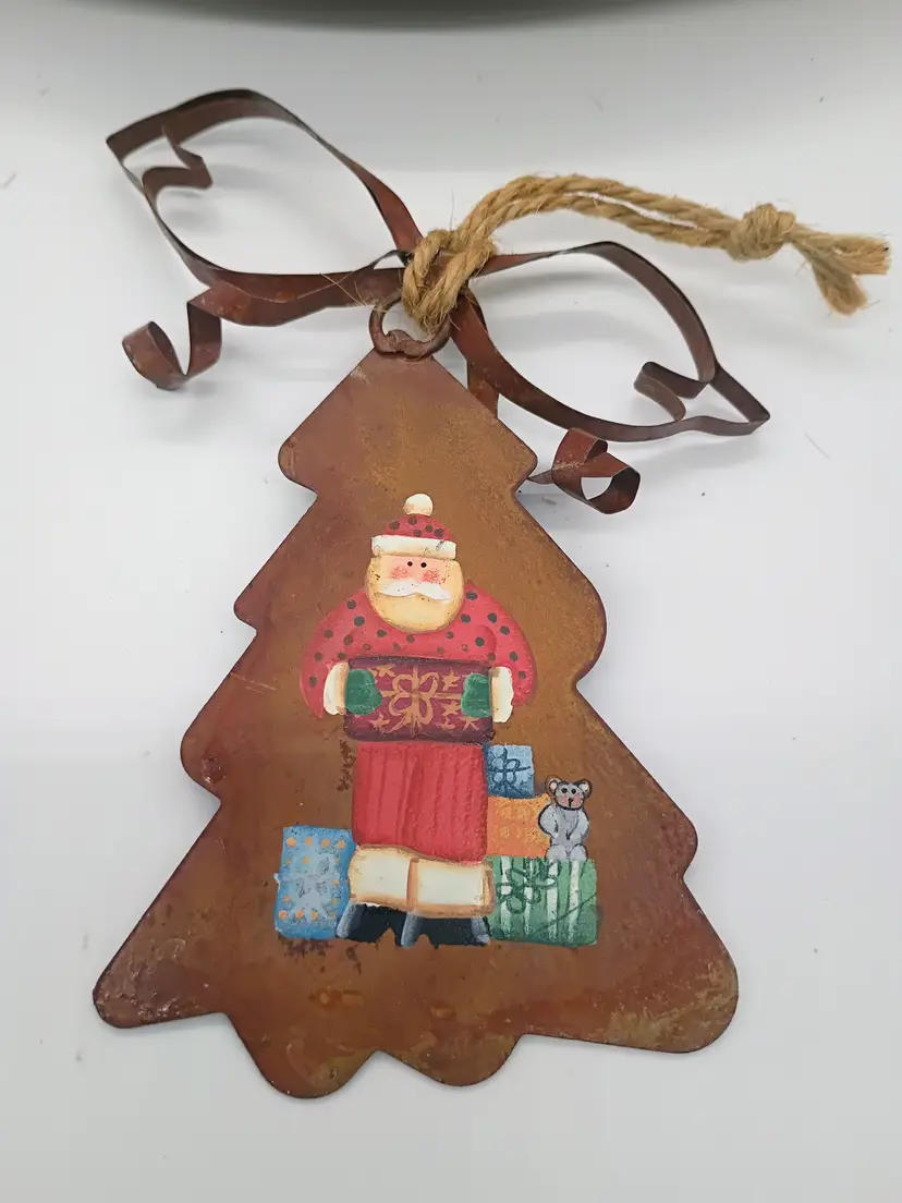 Rustic Handmade Metal Christmas Tree Ornament with Hand Painted Santa Signed