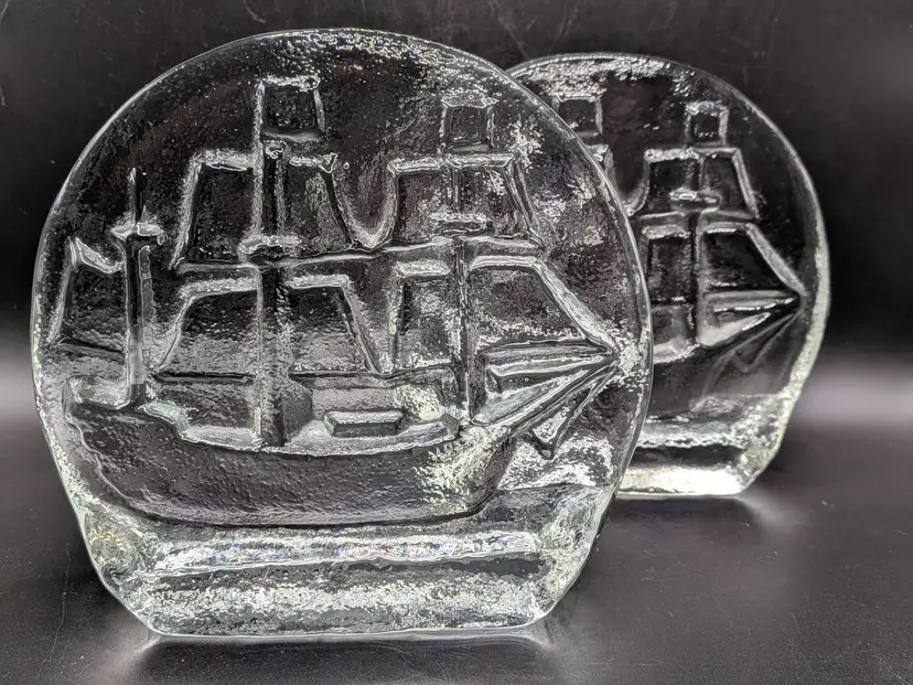 Pilgrim Glass Co Vintage Clear Blown Glass Nautical Sailing Ship Bookends Pair