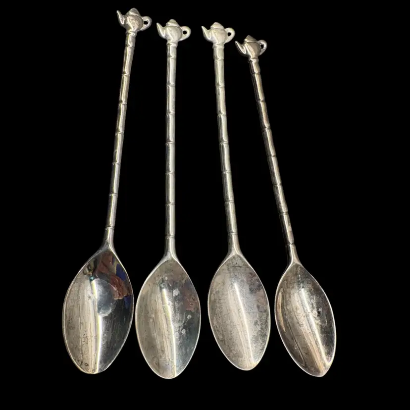 Set of 4 Vintage Silver Plated Teapot Top Spoons Bamboo Handle 4.5"