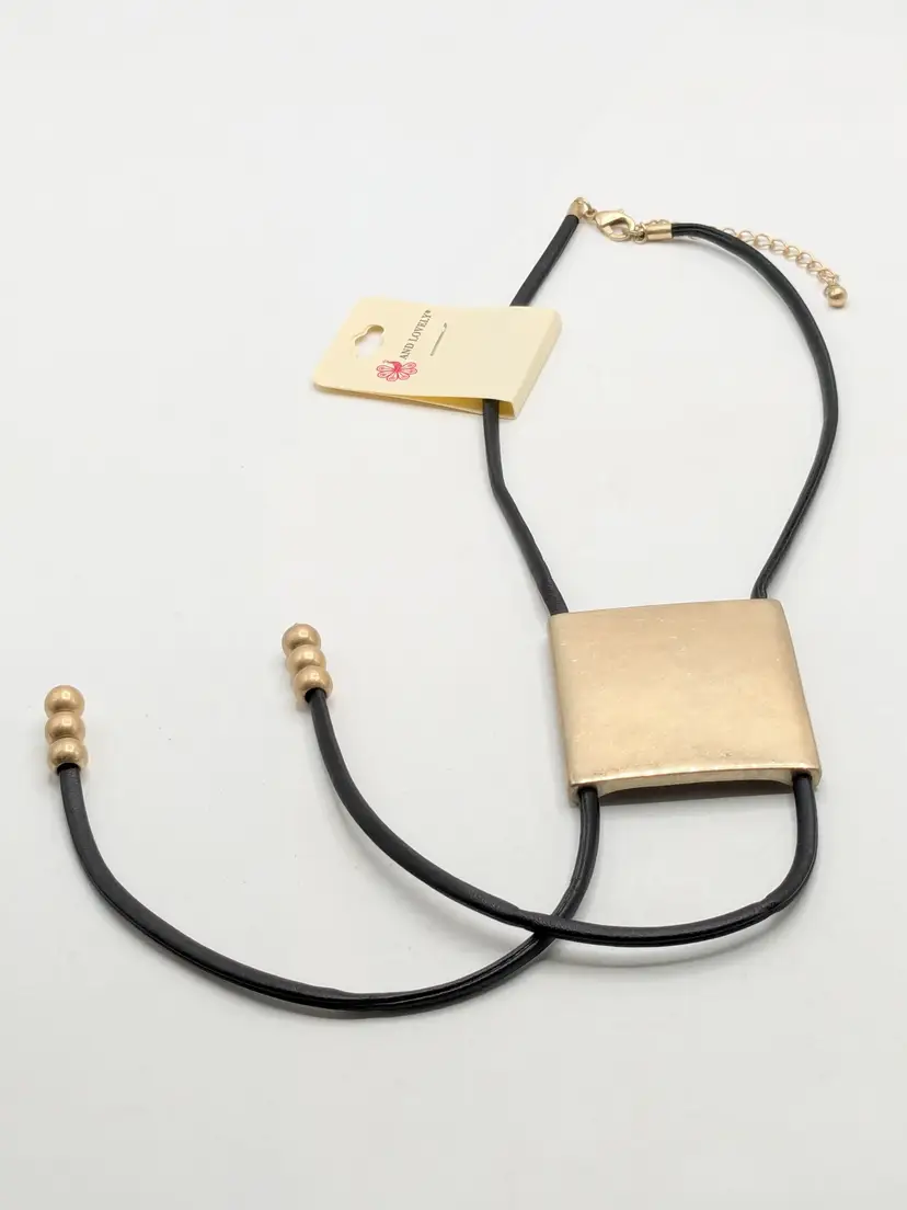 And Lovely Gold Tone Square Pendant Black Cord Bolo Tie Necklace NWT