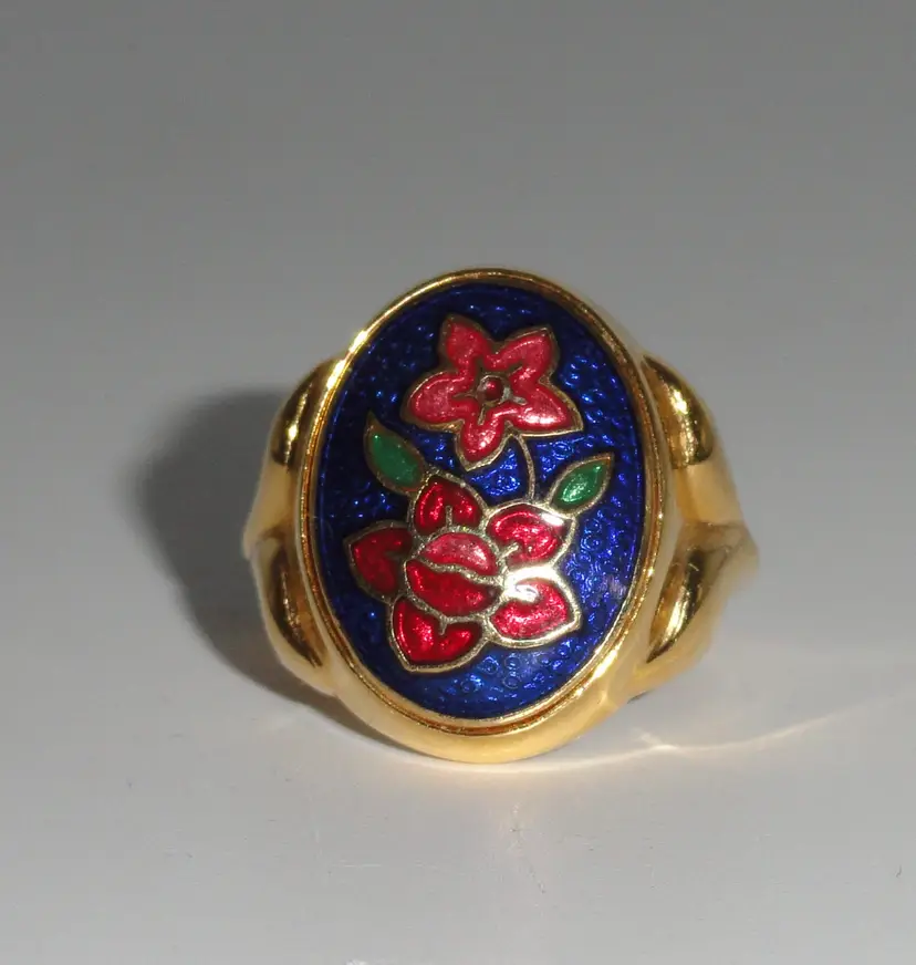 Cloisonne Gold Tone Ring ~ Womens size 4 3/4~ Floral on Cobalt Background