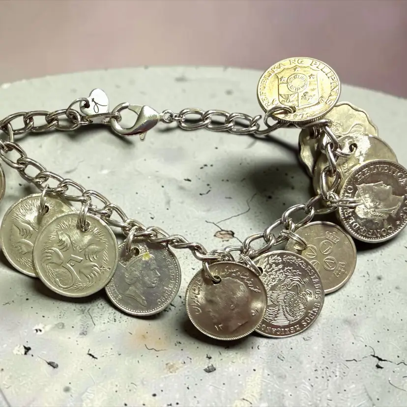 Arctic Angel Original- Silver Tone Handmade 10 Foreign Coins Bracelet 7”