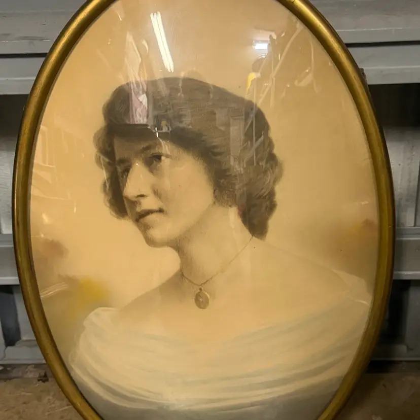 Vintage Pastel Enhanced Portrait Photograph Brass Frame W Curved Convex Glass 20”