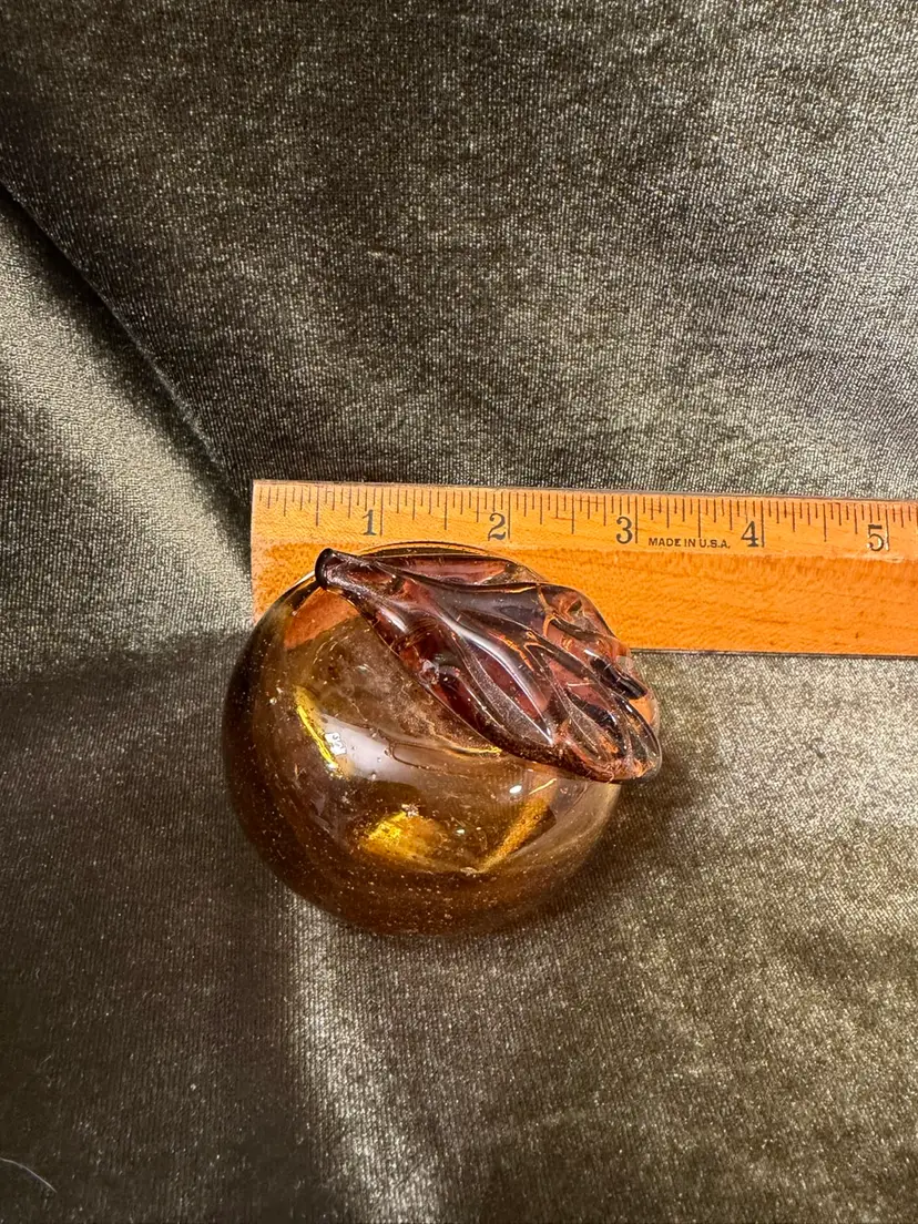 Mid-Century Modern Amber Hand-Blown Art Glass Apple Paperweight