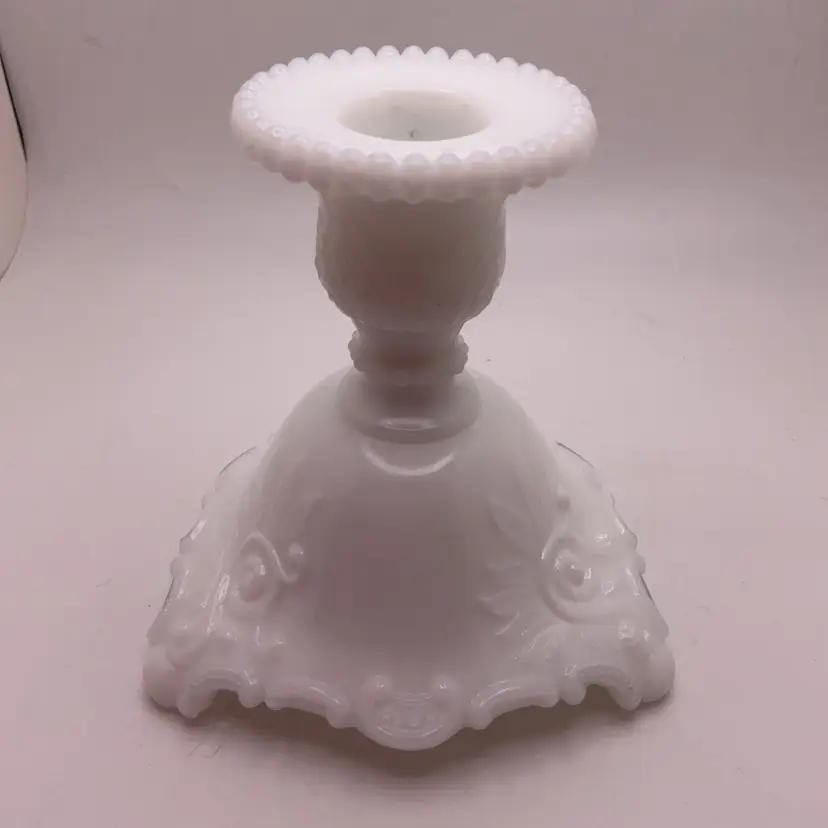 POW1 VTG Westmoreland Milk Glass Hobnail Rim Taper Candlestick Holder Botanical 4" GLOWS!