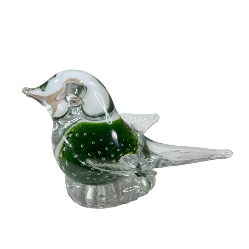 037. Vintage Wentrelholms Glassy Green Somerso Bullicante Bird Paperweight 3” x 5”