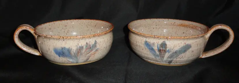 2 Signed Soup Mugs/Bowls ~ Studio Art Pottery w/Handles ~ Earthtones