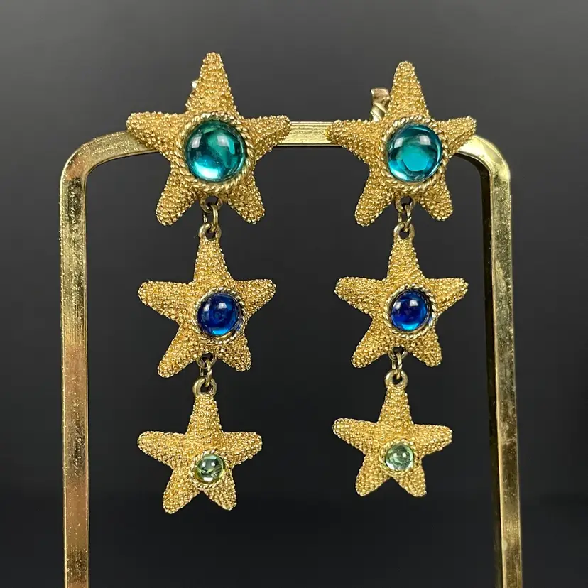 Trifari Graduated Starfish Gold Tone Blue Aqua Cabochon Clip On Dangle Earrings SCARCE Vintage 2.5"