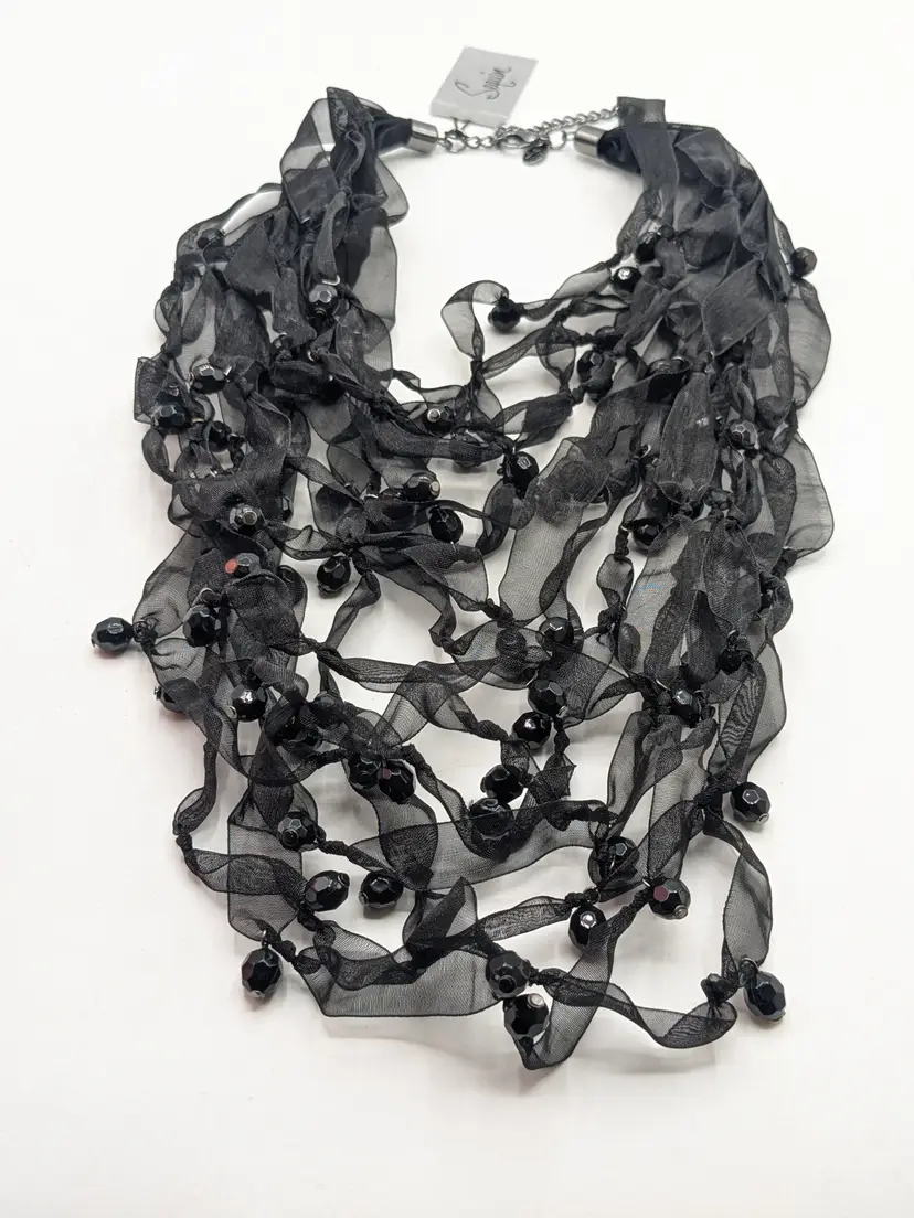Sequin Black Multi-Strand Beaded Ribbon Necklace NWT