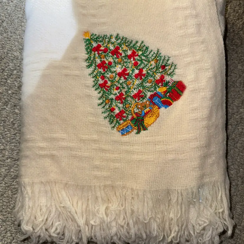Lands' End White Holiday Throw with Embroidered Christmas Tree