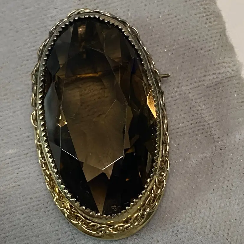 Catamore Smoky Quartz Set In Gold Plate, Some Wear Brooch Pendant 1.25”