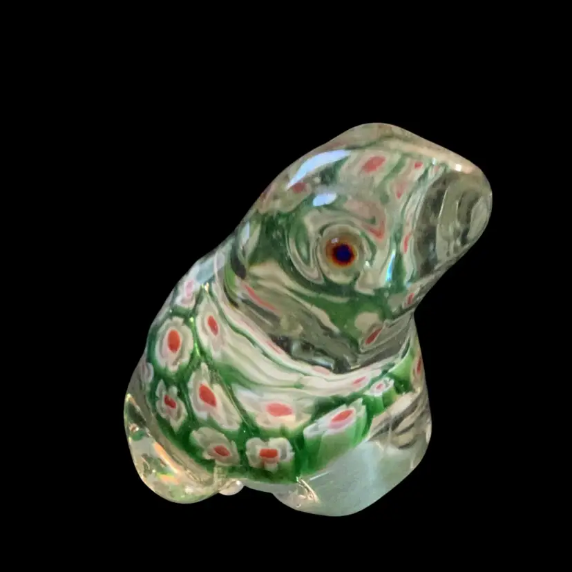 Mini Art Glass Green Red White Flower Millefiori Frog