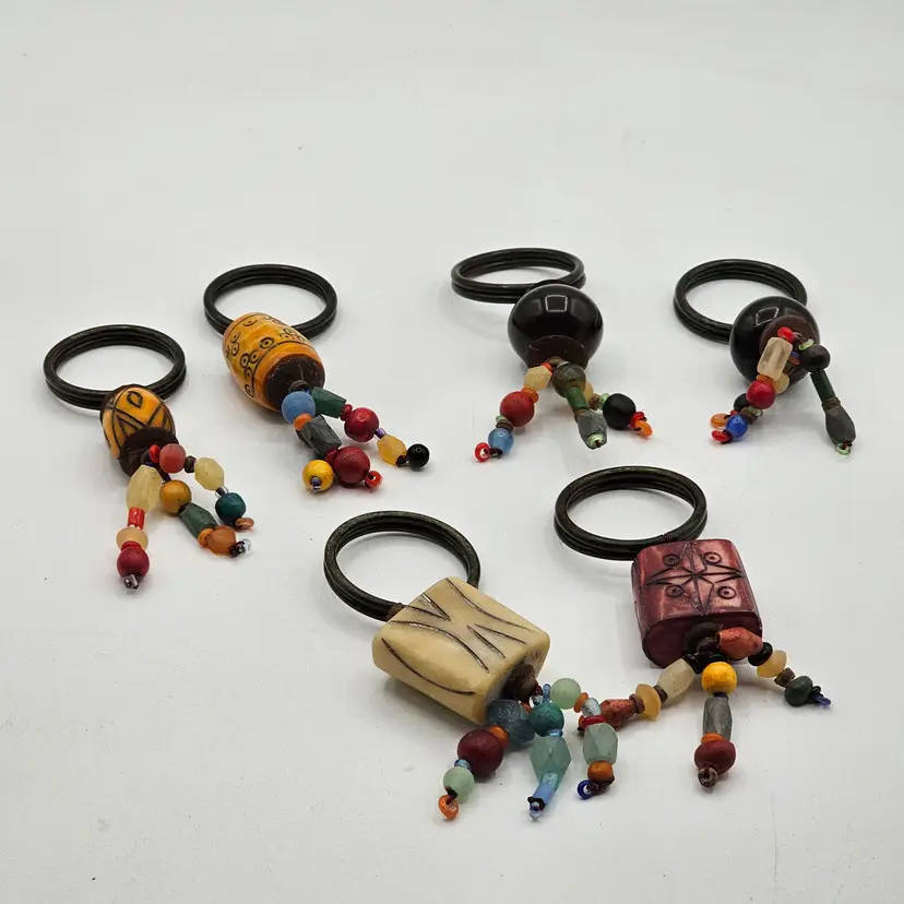 Boho Beaded Napkin Rings Hand Carved Wood Stone Pier 1 Style Set of 6