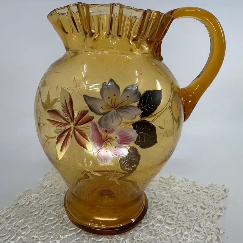 Vintage Blown Glass Hand Painted Ruffled Top Pitcher With Applied Handle