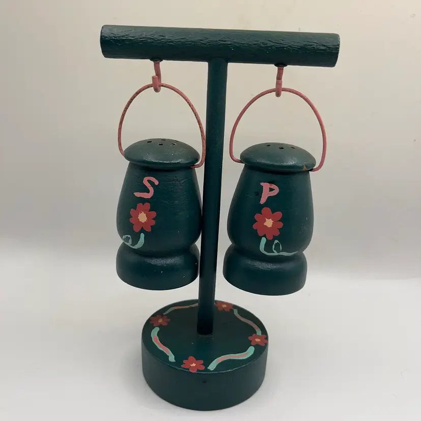 vintage hand-painted wooden hanging lantern salt and pepper shaker set on a matching stand -Folk Art