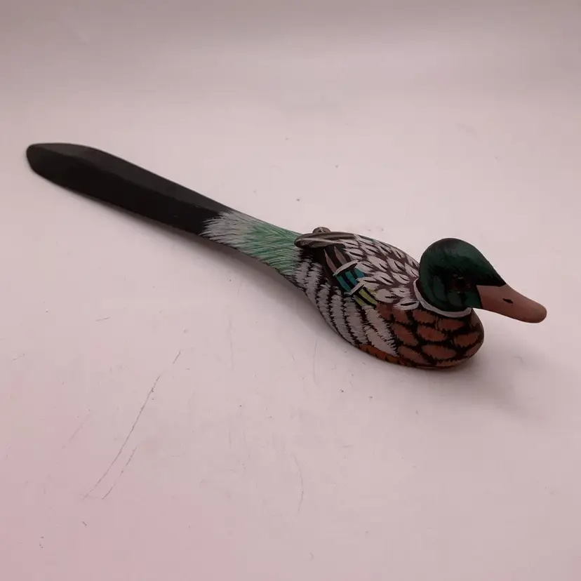 POW4 VTG Hand-Carved & Painted Wooden Duck Letter Opener Glass Eyes 7.75"