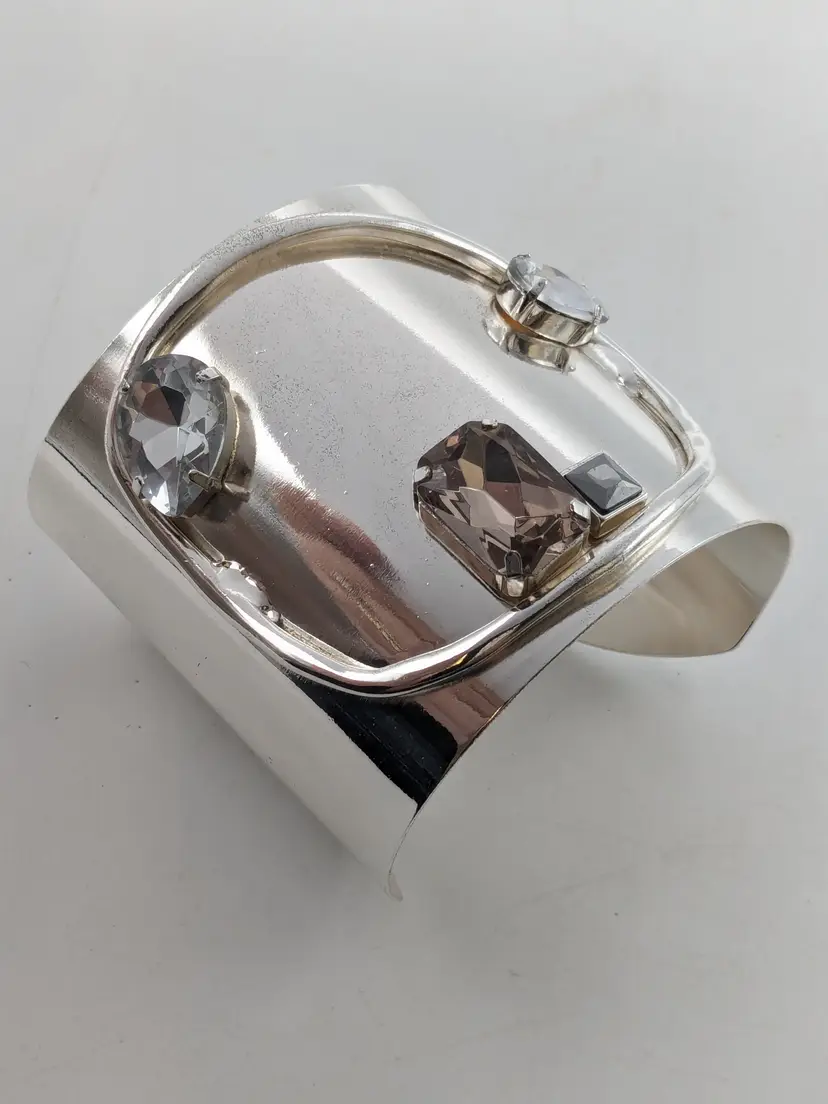 Chunky Silver Tone Modernist Cuff Bracelet with Crystal Accents NWOT