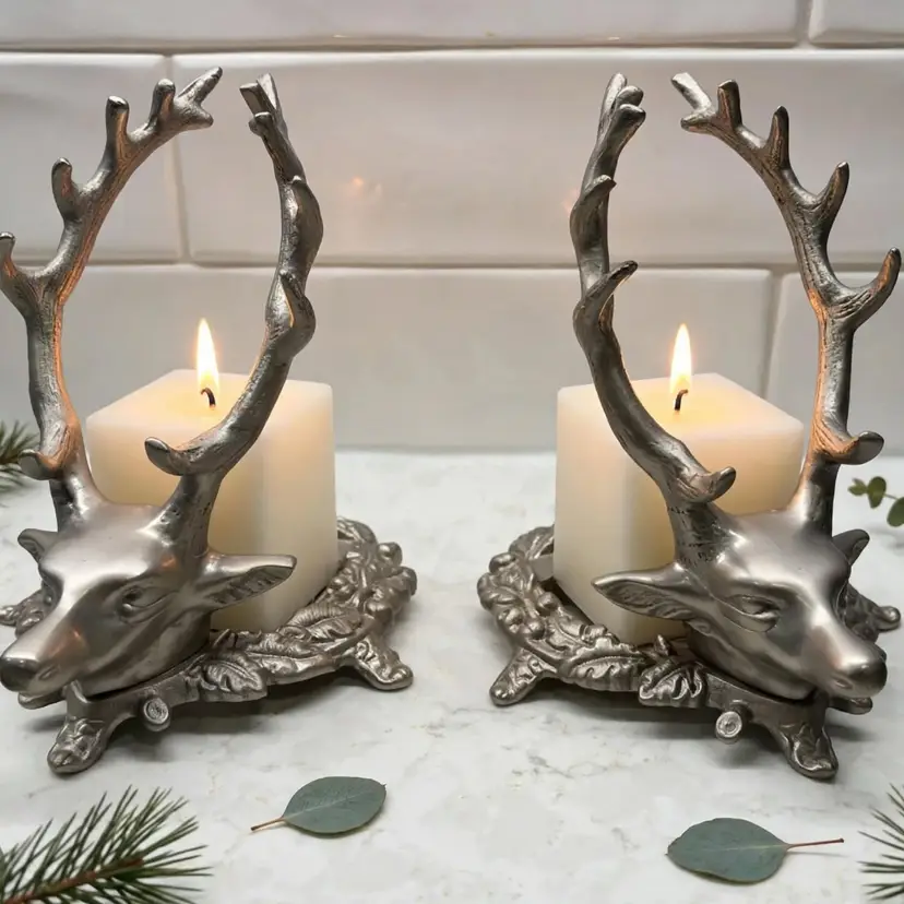 🎄Vtg Pewter Stag Head Pillar Candle Holders - Reindeer Oak Leaf Wreath Base