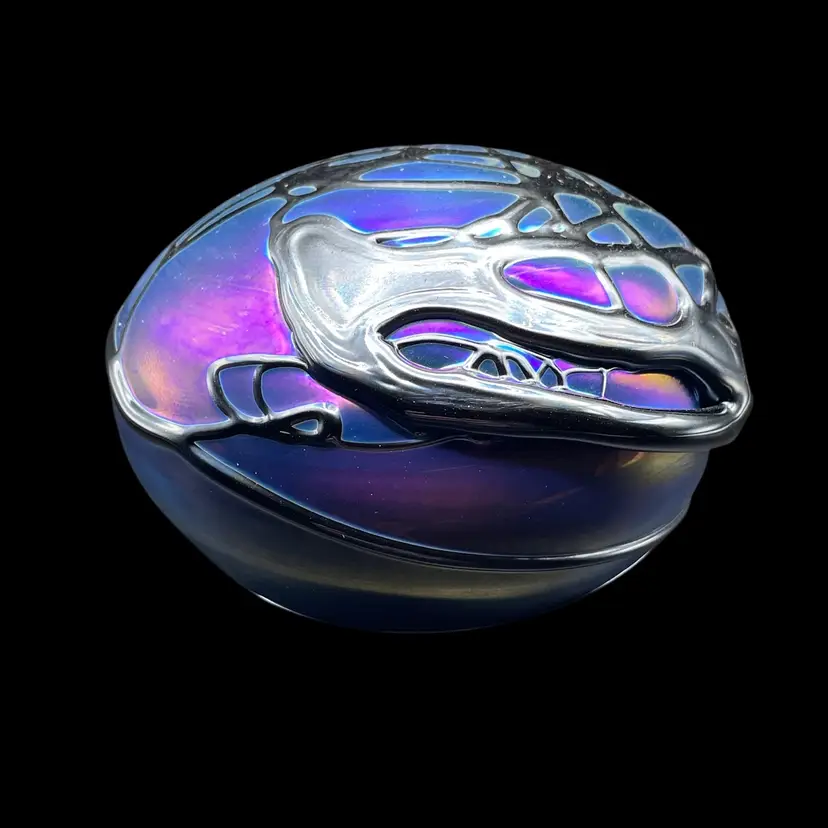 Rollin Karg Blue Iridescent Free Form Ribbon Overlay Flat Round Paperweight