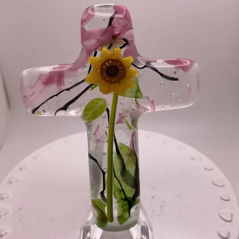 #02 Made by Me! Fused Glass Cross Paperweight Sunflower 3” x 2.25” Handcrafted Studio Art