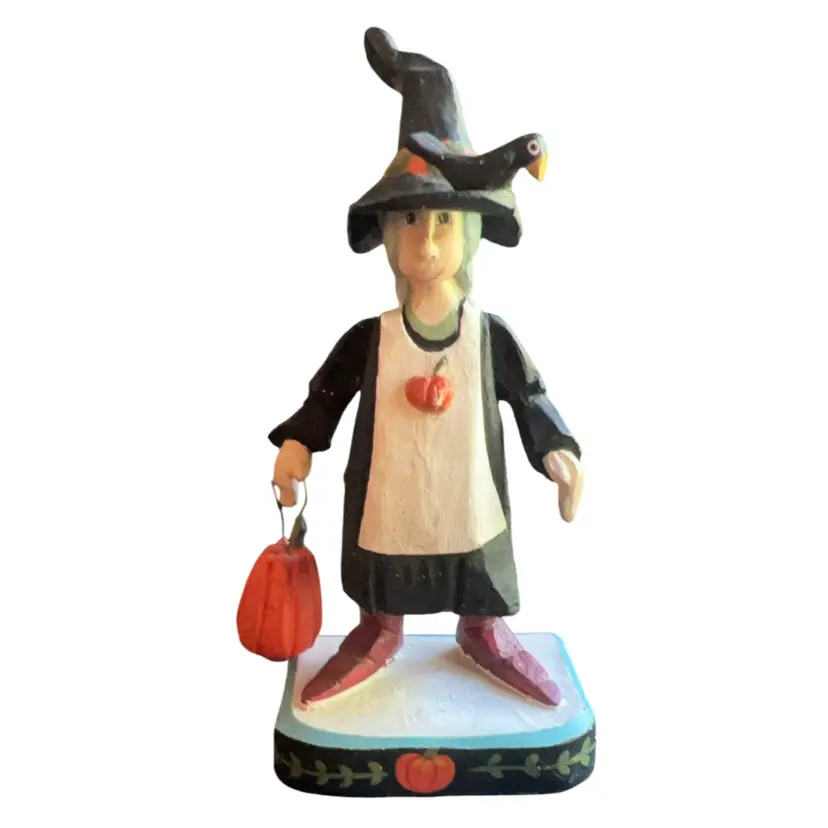 Vintage House Of Hatten 1993 Resin Folk Art Witch With Pumpkin And Bird Statue 13”
